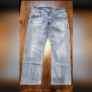 Rock & Republic Jeans Mens 34x30 Blue Relaxed Straight Distressed Denim Faded